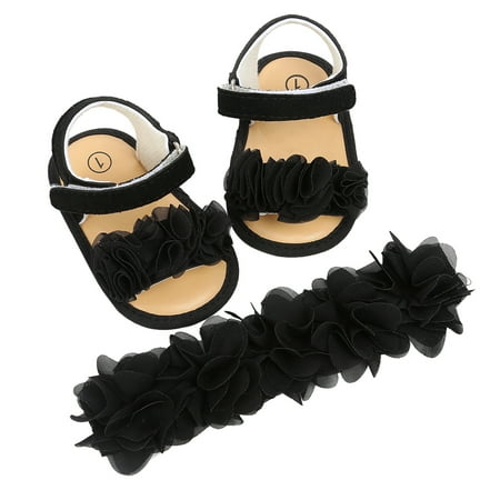 

Baby Girls Boys Summer Sandals Girls Rose Princess Sandals The Floor Barefoot Non Slip First Walkers Prewalker Shoes Hairband 2pcs Set
