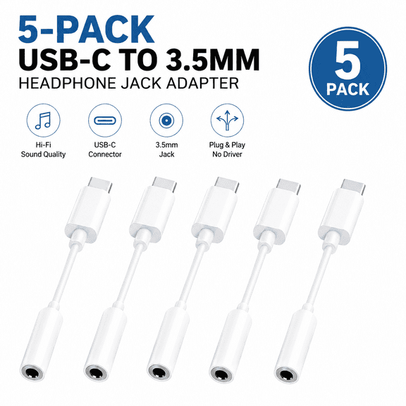 5PCS Universal USB Type C to 3.5mm AUX Headphones Adapters Cables Compatible with iPhone 16 Series, iPhone 15 Series, Samsung Galaxy, Note, Pixel Devices iPad Pro, & More