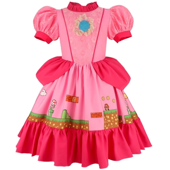 Princess Peach Costume for Girls Pink Cosplay Halloween Party Dress