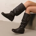 thumbnail image 3 of Slouchy Boots for Women Hidden Wedge Low Heel Retro Leather Round Toe Adjustable Button Fold Over Mid Calf Booties, 3 of 7
