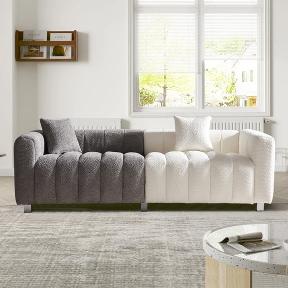 87.4" White & Gray Velvet 3-Seater Loveseat Sofa, Modern Bubble Upholstered Couch with Metal Base Legs, Ergonomic Comfortable Seating for Living Room & Bedroom
