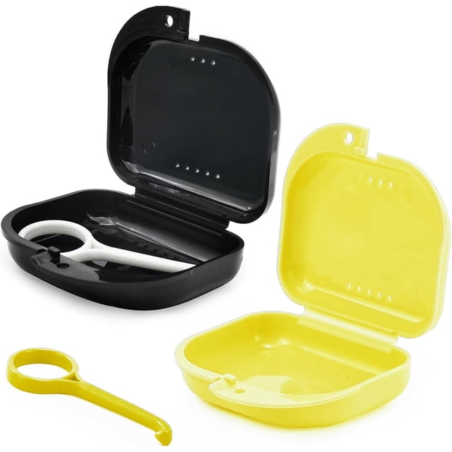 Lot de 2 Contenants pour Protège-Dents, Étui de Retenue Orthodontique avec Trous d'Aération, Étui pour Prothèses, Support de Protège-Dents, Boîte de Rangement pour Aligneur Invisible, Orthèses et Plateau Buccal pour Dents - Noir et Jaune