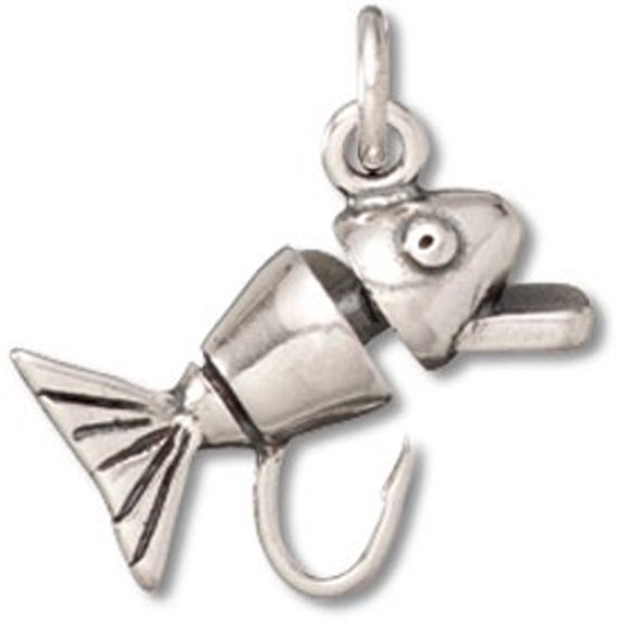 Sterling Silver 16" .8mm Box Chain 3D Fishing Hook Lure Pendant Necklace