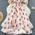 thumbnail image 2 of YM YOUMU Women Summer Floral Print V Neck Short Puff Sleeves Pleated Dress A Line Ruffle Hem Holiday Dress with Belt, 2 of 3