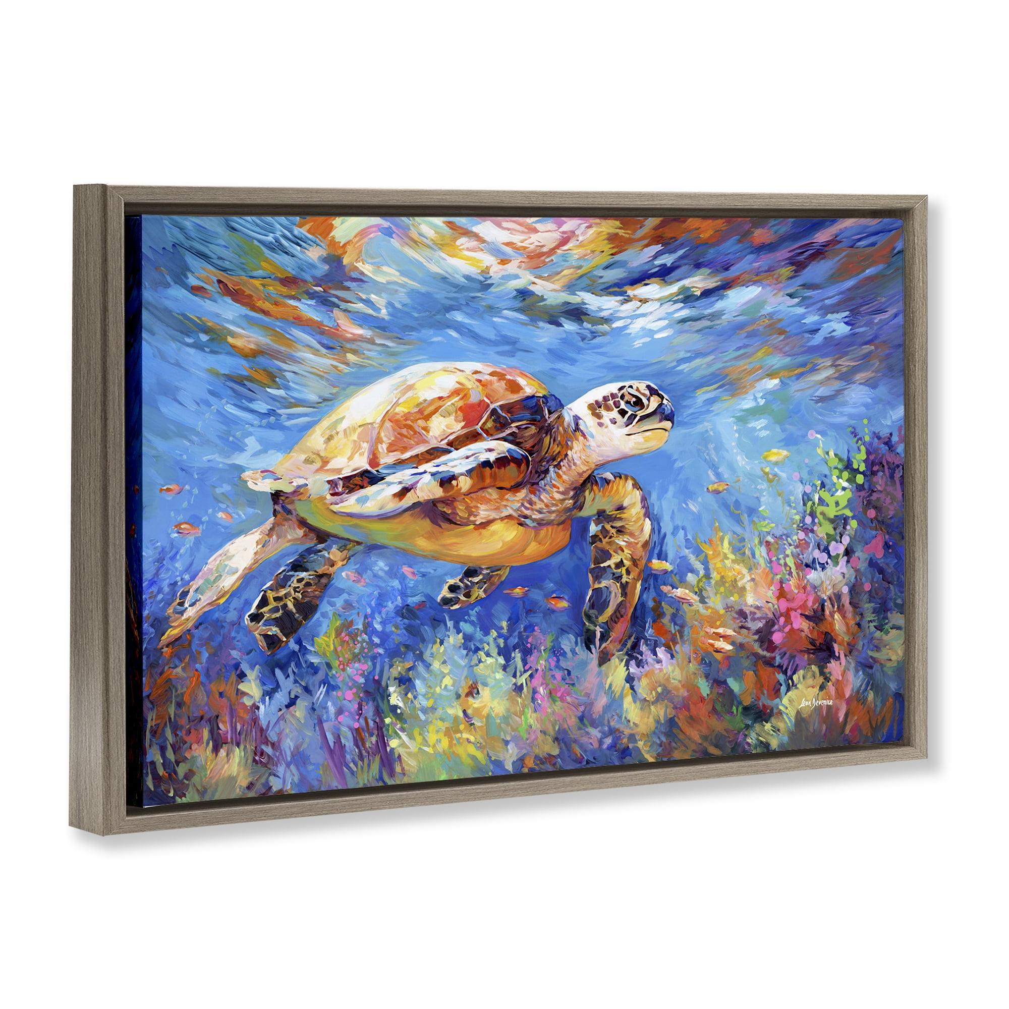 Stupell Industries Sea Turtle's Adventure Animals & Insects Painting Brown Floater Framed Canvas Art Print Wall Art, 25 x 17