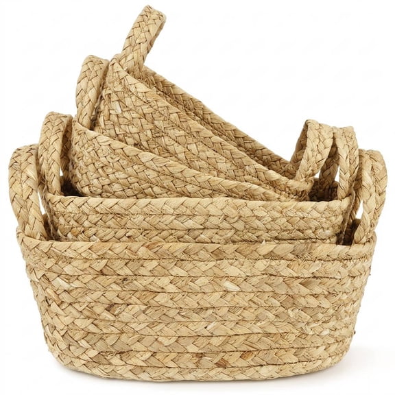 Set of 4 Woven Storage Baskets, Hemp Rope Shelf Baskets for Bathroom and Nursery Organizer, Brown