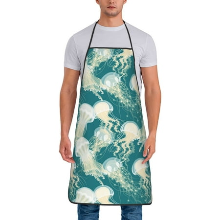 

Aprons for Men Women - White Jellyfish Print Green Cooking Kitchen Apron Chef Apron Waterproof Apron for Painting Pottery Baking BBQ Gardening Salon Gift For women Men