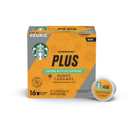 Starbucks Plus Coffee, Honey Caramel Flavored 2X Caffeine K-Cup Coffee Pods for Keurig Brewers, One Box of 16 (16 Total K-Cup
