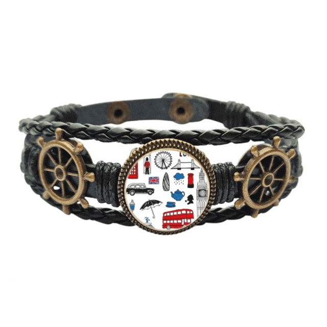London Big Ben Booth lluvia buzón Pulsera marina tejida en cuero