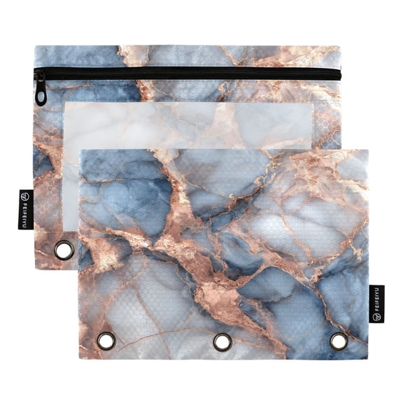 2 Pack 3 Ring Binder Pouch with Clear PVC Window Water Resistant Zipper Pencil Pouch Coastal Blue Metallic Vein Art Binder Pocket for Classroom Office Home Stationery Organization