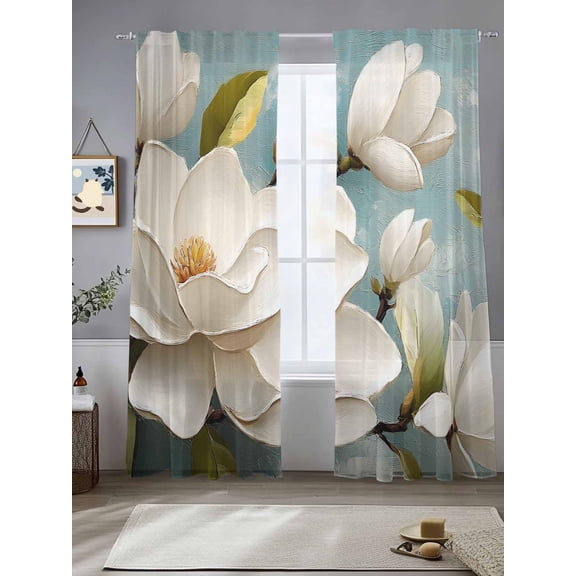 White Floral Sheer Curtains 84 Inches Long 2 Panels Magnolia Plant Leaf Light Filtering Semi Sheer Window Curtains Drapes for Bedroom Living Room 52"x84"