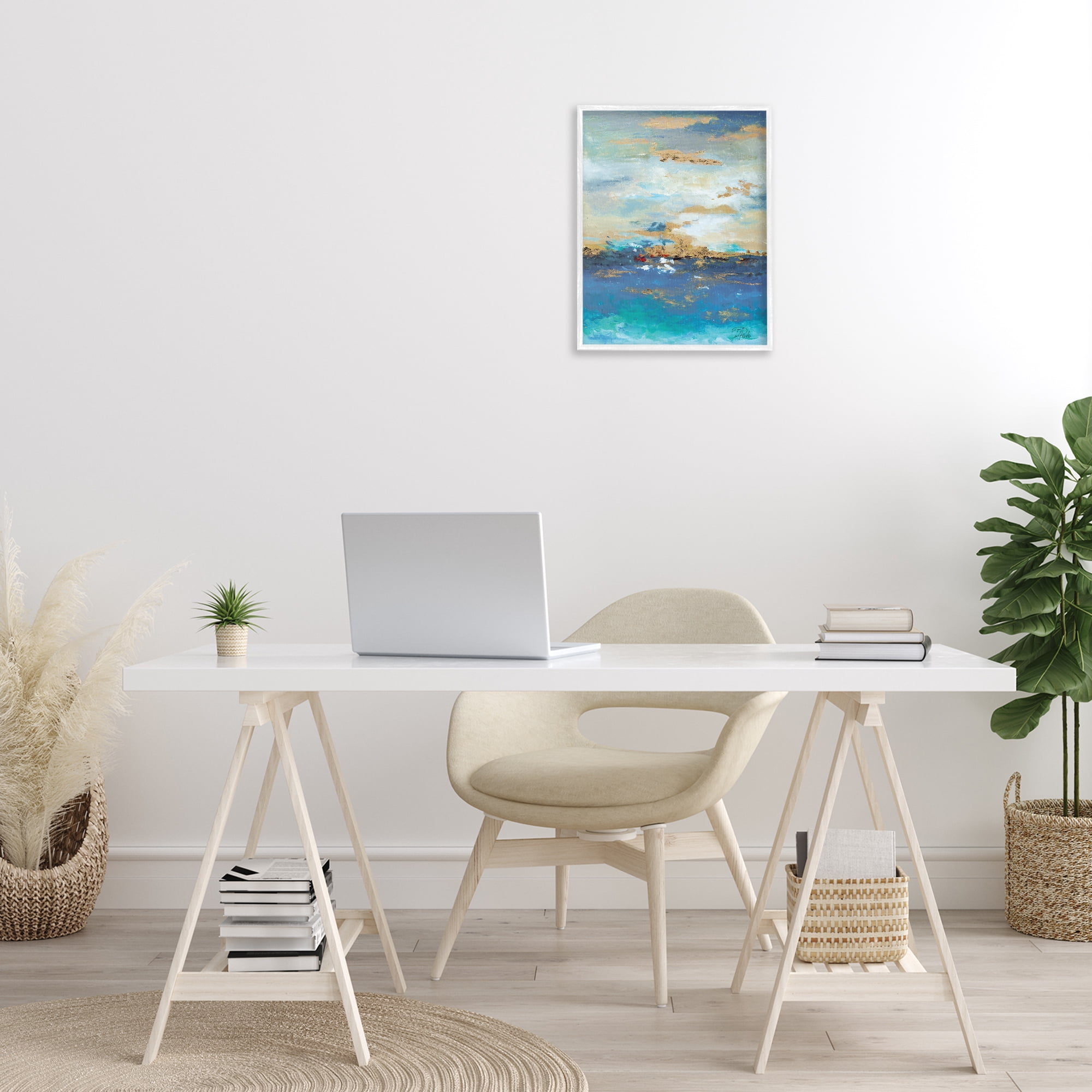 Stupell Industries Ocean View with Tan Accents Abstract Painting White Framed Art Print Wall Art, 16 x 20