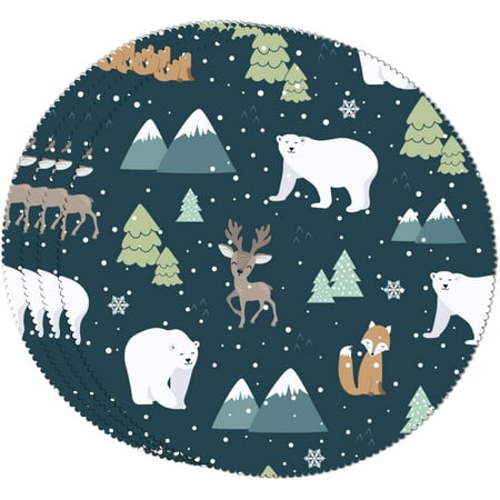 

Tangkunup Place Mat Polar Bear Deer Animal Cute Winter Forest Tree Christmas New Year Set of 1 Round for Kitchen Dining Table Mats Placemats Plate Dish Mat Washable