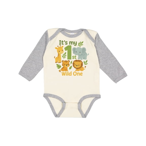 Inktastic First Birthday Safari Jungle Animals Boys or Girls Long Sleeve Baby Bodysuit
