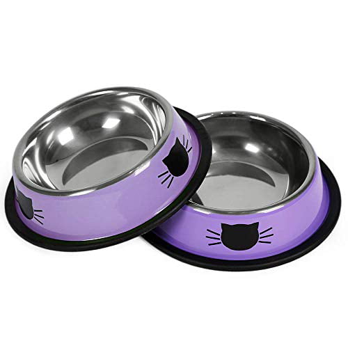 Hach 2Pcs Cat Bowls Non-Slip Stainless Steel Small Cat Bowls for Indoor Cats 7 Oz Unbreakable Thicken Suitable Kitten Bowls with Removable Rubber Base Easily Clean Lovely Optional Color Painted Set 