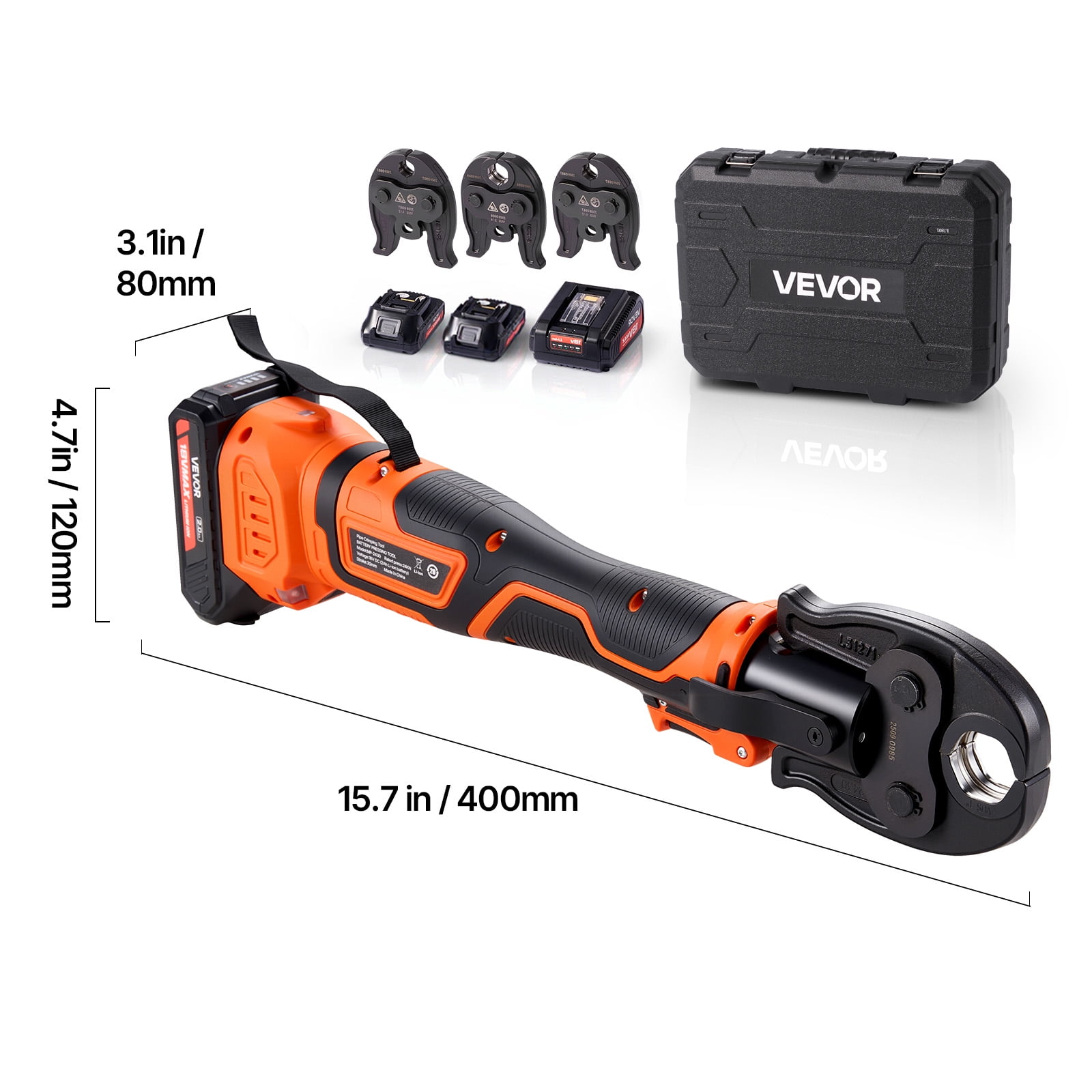 VEVOR ProPress Tool Kit, 18V Electric Pipe Crimping Tool for 1/2", 3/4", 1" Copper Tubes, Pro Press Copper Crimper Tool with 3 VUS Press Jaws, 2pcs 2AH Batteries, Fast Charger & Carrying Case