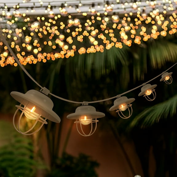 JONATHAN Y 10-Light Indoor/Outdoor 10 ft. Rustic Farmhouse LED G40 Metal Cage Shade String Lights, White