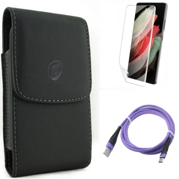 Matte Screen Protector w Case Belt Clip w 6ft USB Cable for Samsung Galaxy S21 Plus - TPU Film Anti-Glare, Leather Holster, Purple Type-C Accessory Bundle