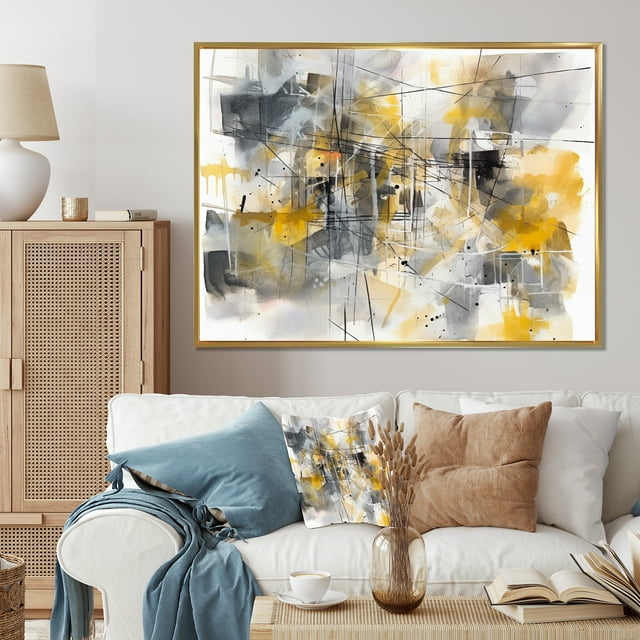 Designart Abstract Oversized framed wall art decor, Abstract framed wall art Print, Beyond the Framed Canvas in Yellow and Grey I , Yellow Modern Gold framed wall art, 40x30 inches Gold Frame