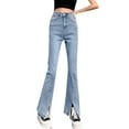 thumbnail image 2 of ManxiVoo Women Split Hem Jeans Elastic Straight Leg High Waist Flared Trousers Versatile Denim Pants M Size Light Blue, 2 of 7