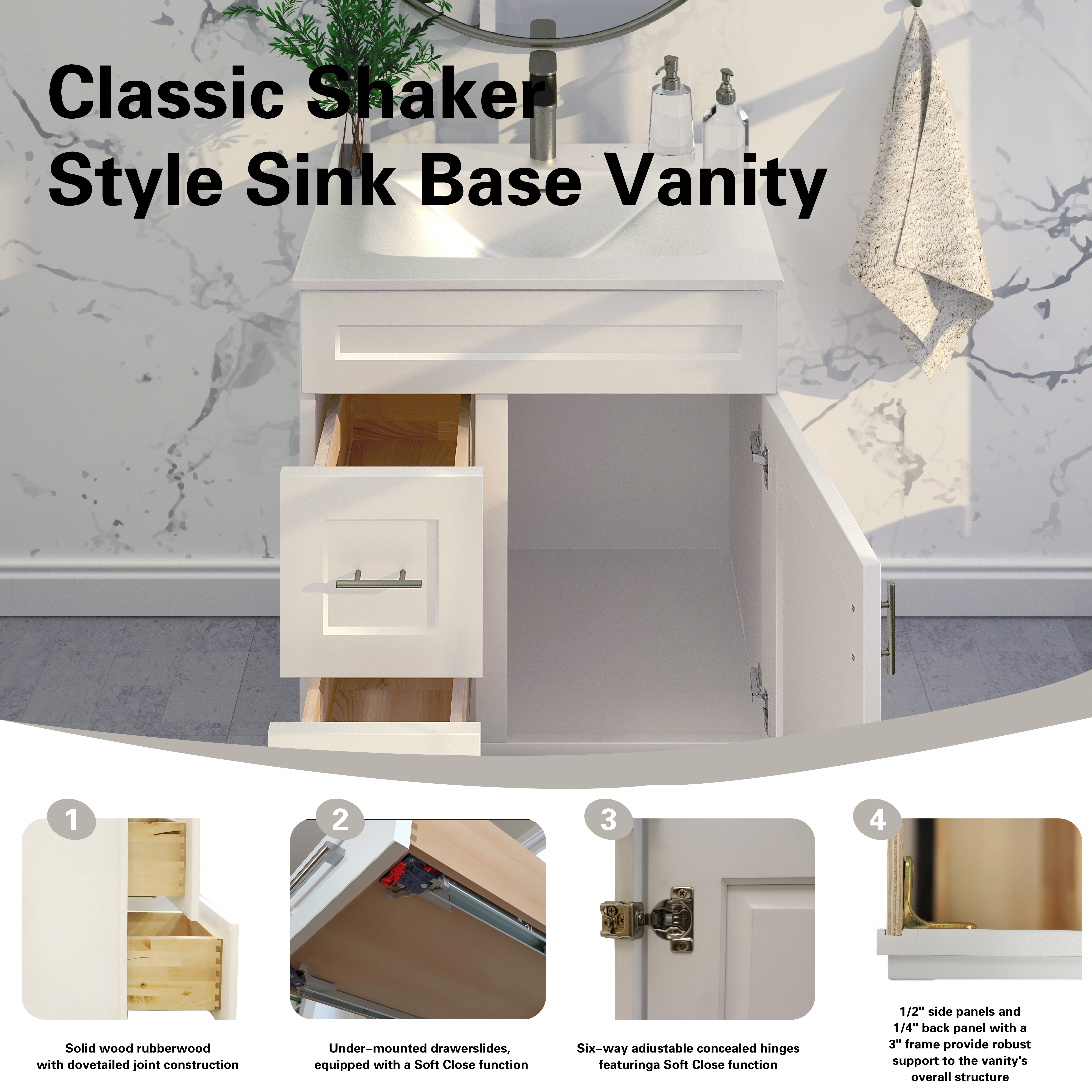 White Shaker Bathroom Vanity Sink Base with Drawers 30" Ready-to-Assemble Cabinet