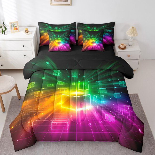 Erosebridal Futuristic Cubes Bedding Queen Size,Geometric Plaid Comforter Sets with Sheets,Grid Checkerd Bedding Sets Queen Size,Super Cozy Gradient Bedroom Decoration,Reversible,7 Pieces