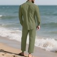 thumbnail image 5 of GrmtClth Linen Blend 2 Piece Outfit Sets For Men Cuban Collar Long Sleeve Button Shirt Elastic Drawstring Waist Straight Trousers Cool Breathable Casual Beach Wear Set Army Green XL, 5 of 7