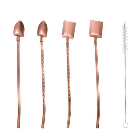 

Farfi 1 Set Straw Spoon with Cleaning Brush Rustproof Long Handle Mirror Polished Dishwasher Safe Tableware Stainless Steel Dual Use Dessert Spoon Kitchen Supplies (Rose Gold)