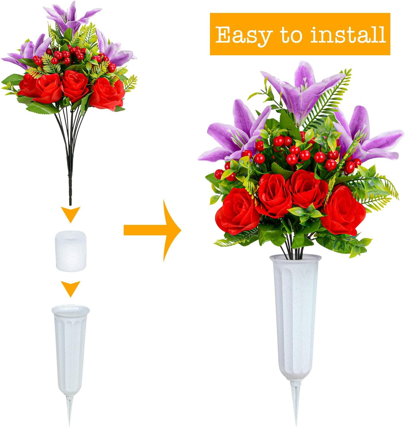 Artificial Cemetery Flowers for Grave, Set of 2 Artificial Memorial Flowers with Vase for Outdoor Cemetery Headstones Graveyard Gravestone Decoration (Red Lily&White Purple Peony)