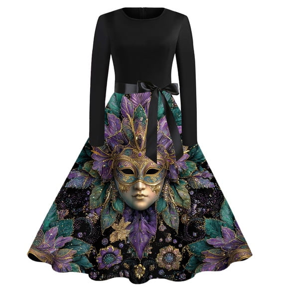 Fgvctg Mardi Gras Dresses for Women Retro Cocktail 50's Midi Dress Glitter Mask Print Crewneck Dresses Plus Size Vintage Carnival Parade Party Long Sleeve Clothes Fit Outfits Bronze S
