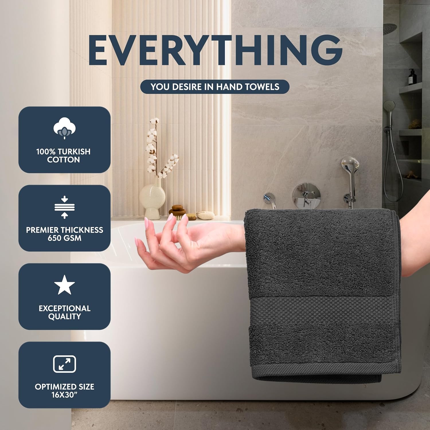 General Luxury Dark Gray Hand Towels - Soft 100% Turkish Cotton | Highly Absorbent Hotel spa Bathroom Towel Collection | 16x30 Inch | Set of 6