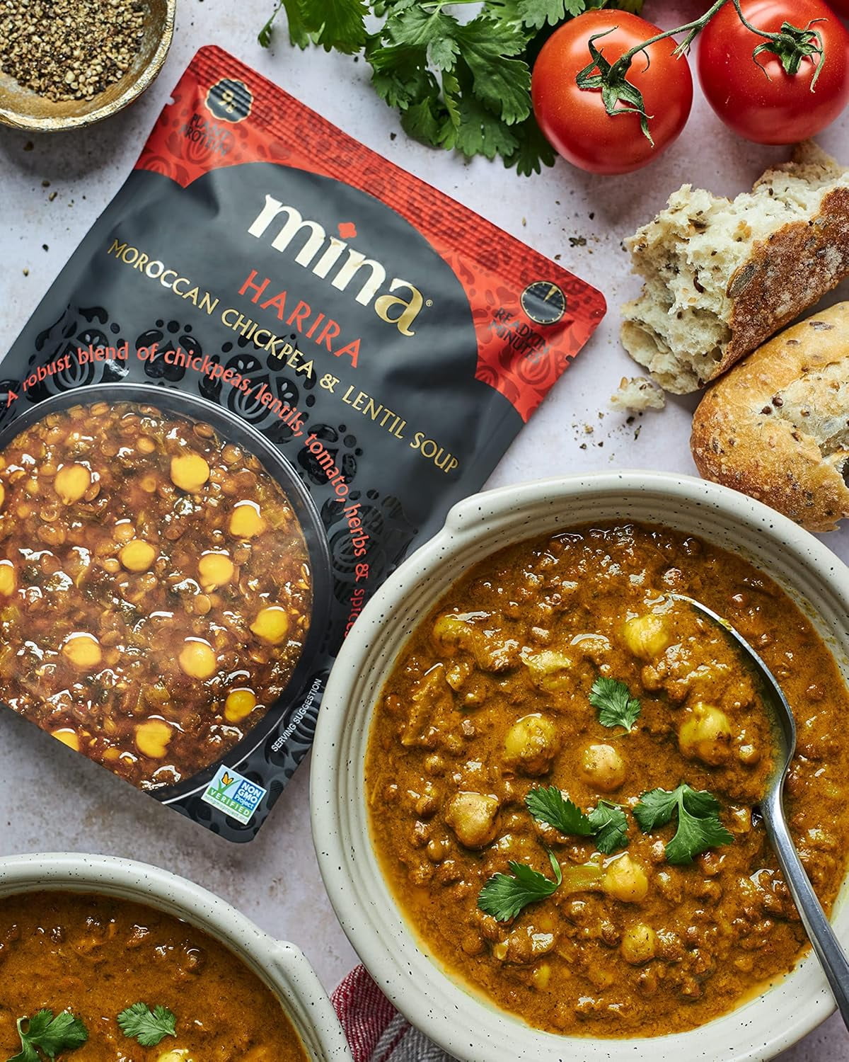 Mina Harira Moroccan Chickpeas & Lentils - 10 oz, 6 Pack, Vegan Lentil Soup, Ready to Eat Meals