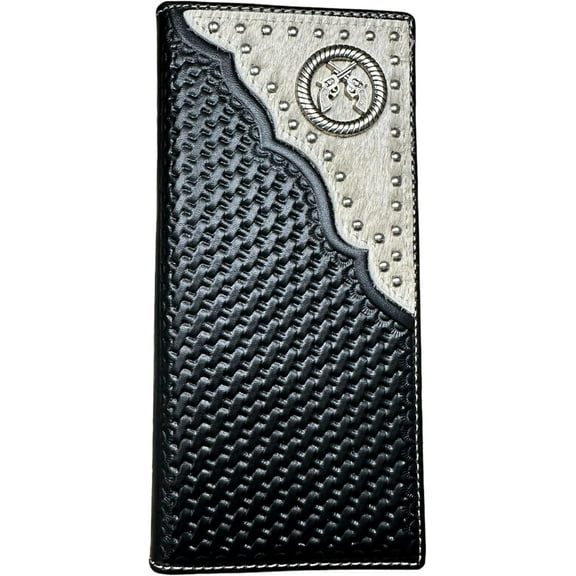 Western Stakes Mens Long Wallet Basketweave Tooled Cow Hair Leather Six Shooter Concho Checkbook Style Cowboy Hand Crafted High End Mens Wallets Leather Gifts For Men (Coffee)