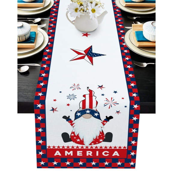 Independence Day Gnomes Star Shining Table Runner 48 Inches, Blue Red Buffalo Checker Bed Runner Dresser Scarves Tabletop for Indoor Outdoor Parties/Ceremony/Banquet, 13" x 48"