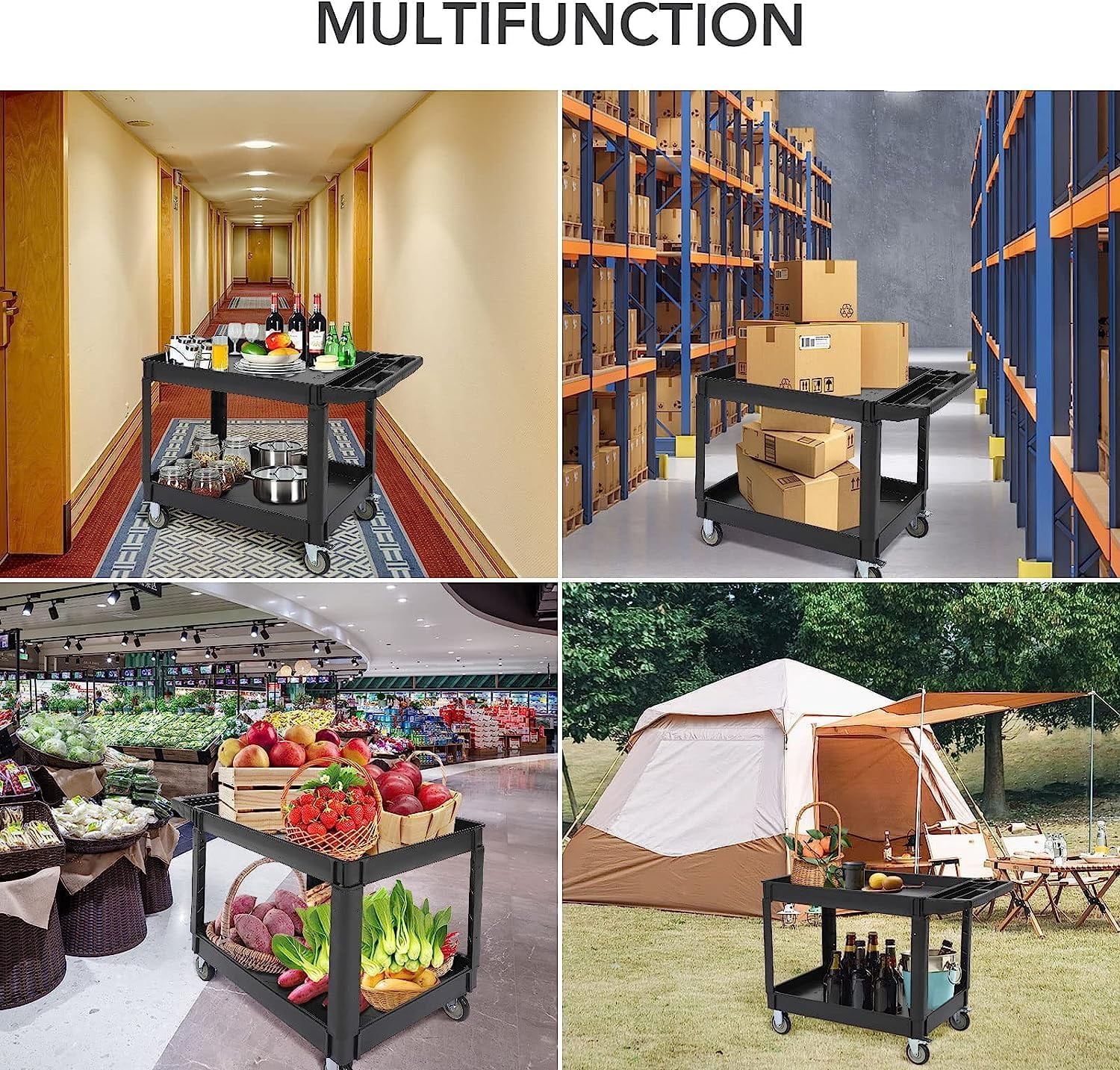 M optimized Utility Cart 2-Shelf Service Cart with Storage Handle, 500lbs Capacity, for Warehouse Garage Cleaning Manufacturing