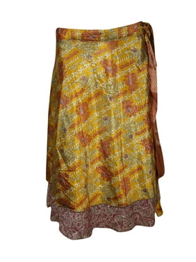 Mogul Women Orange,Pink Magic Wrap Skirt 2 Layer Printed Indian Vintage Sari Reversible Beach Wear Wrap Around Skirts