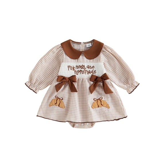 RUINIXCW My Rolls Are Homemade Clothes Newborn Baby Girl Thanksgiving Romper Dress Fall Winter Clothes Croissant Embroidery Long Sleeve Plaid Dress