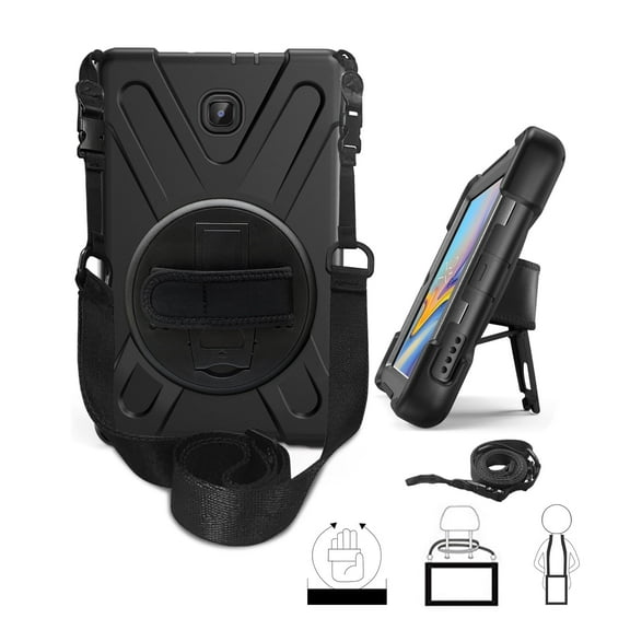 KIQ Shield Series for Samsung Galaxy Tab A 8.0 Case 2018, Shockproof 360 Rotatable W/ Kickstand Hand Strap Shoulder Cover for Galaxy Tab A 8.0 SMT387v SM-T387 Case [Black] (PLEASE CHECK MODEL NUMBER)