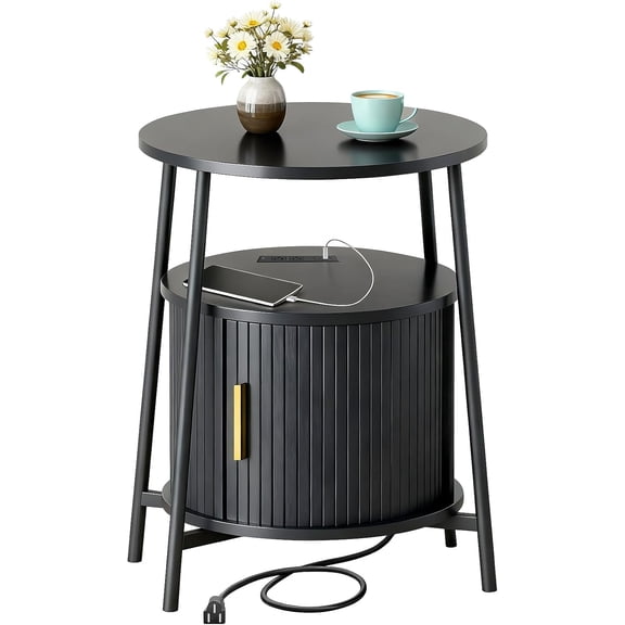 End Tables Side Table with Storage, Fluted Nightstand with Charging Station, Small Mid-Century Modern Bedside Tables, Side Table for Small Space Living Room Bedroom Sofa Couch (1, Black)
