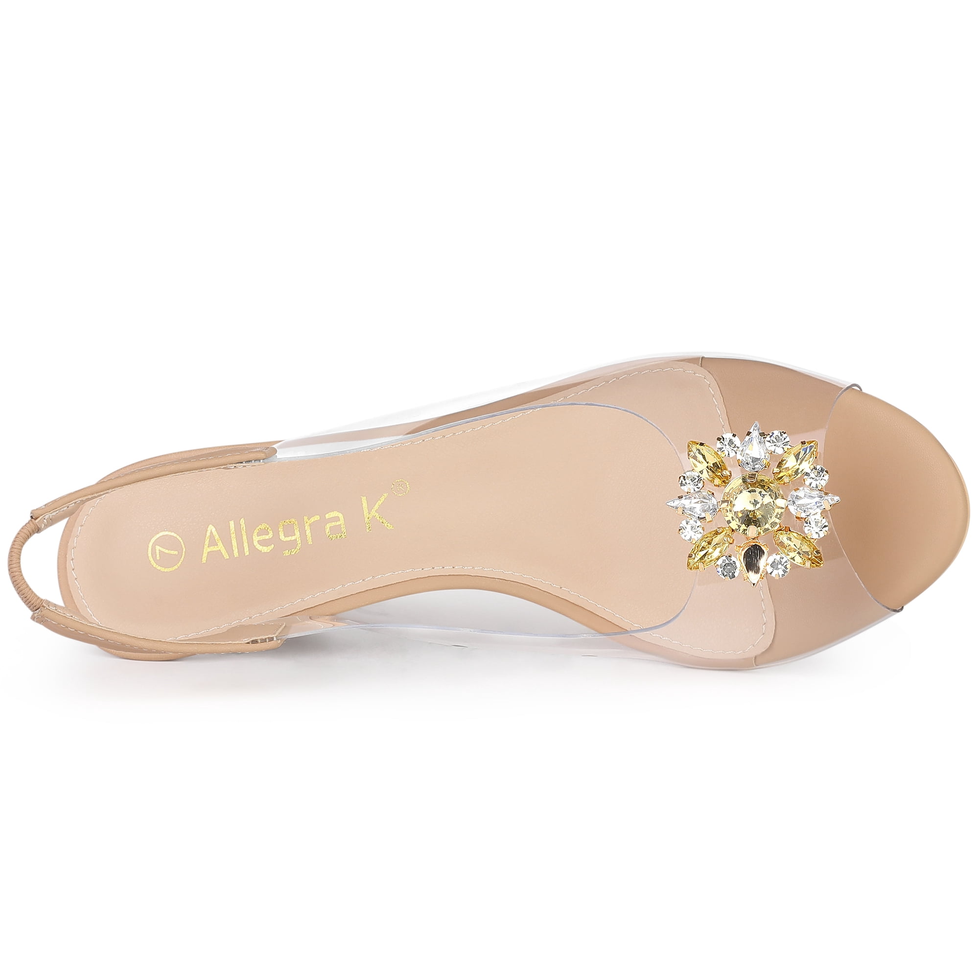 DARING DIVA Women's Clear Slingback Wedges Rhinestone Peep Toe Heels Nude 7