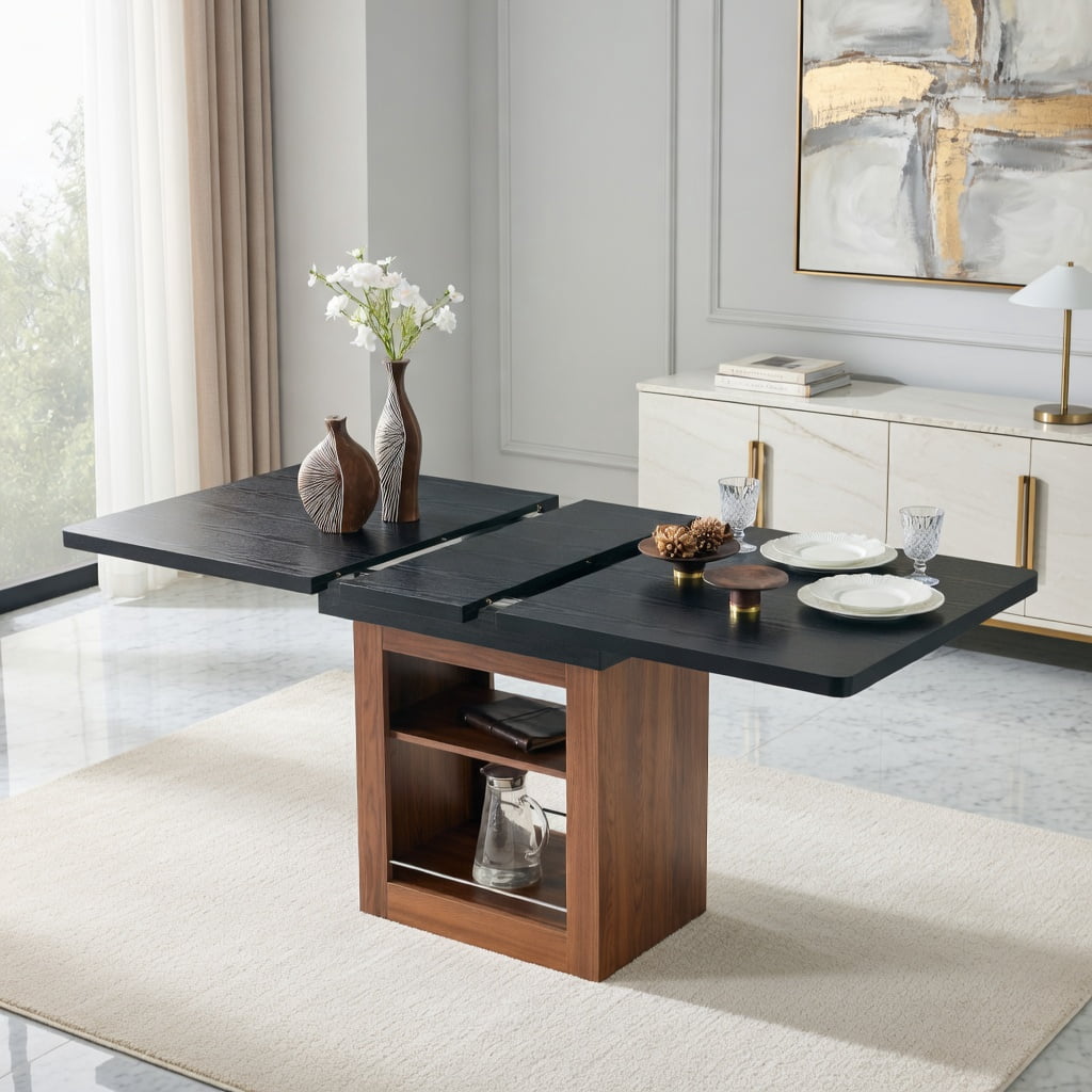 Hommoo Expandable Dining Table with Storage, 59-71" Rectangular Pull-Out Table for 4-8 People, MDF + Metal Frame, Modern Space-Saving Kitchen/Dining Room Furniture, Black & Walnut