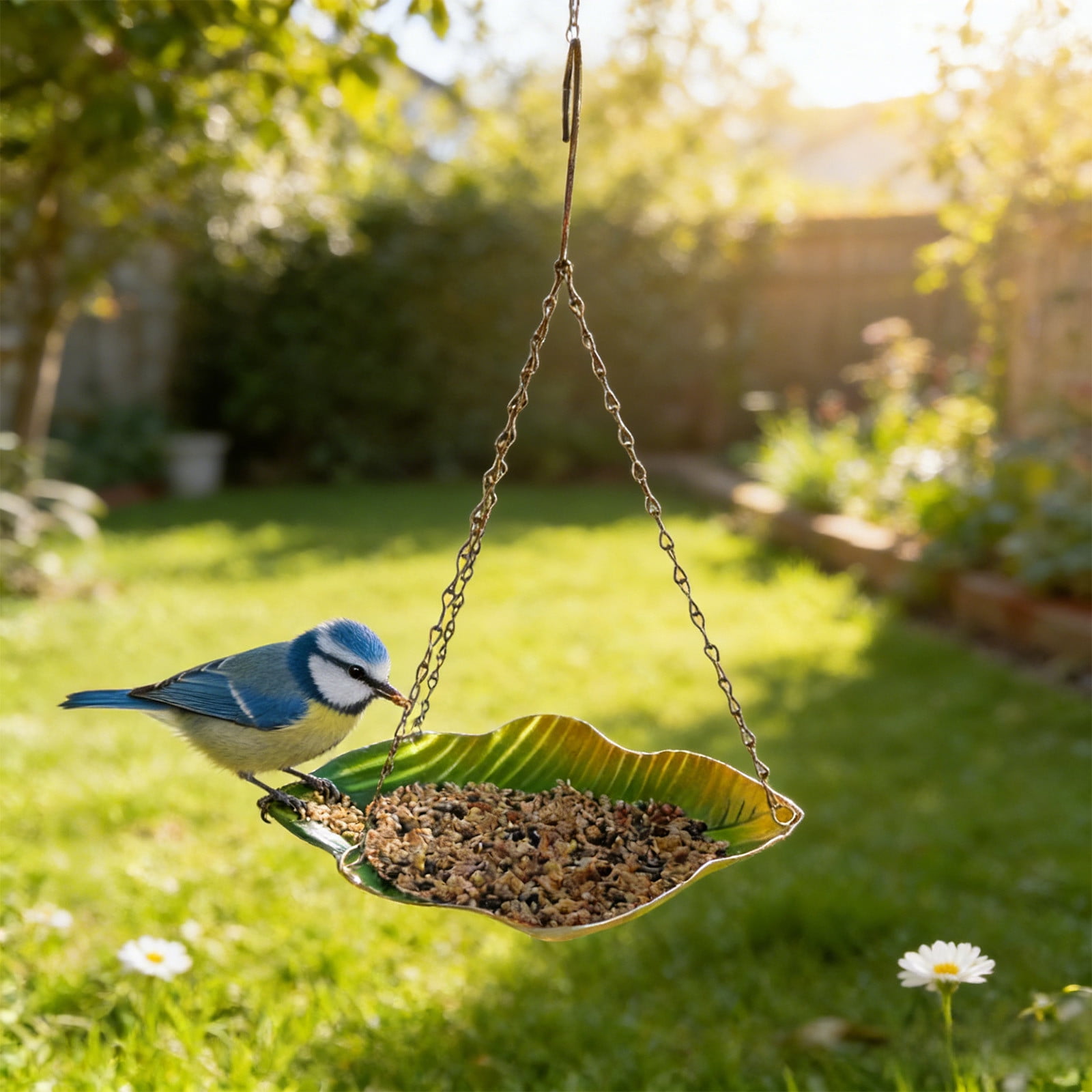 Hanging Bird Feeder,Outdoor Metal Birds Feeder Wrought Iron Hanging Feeding Station Garden Decoration Leaf-shaped Outdoor Bird Feeder