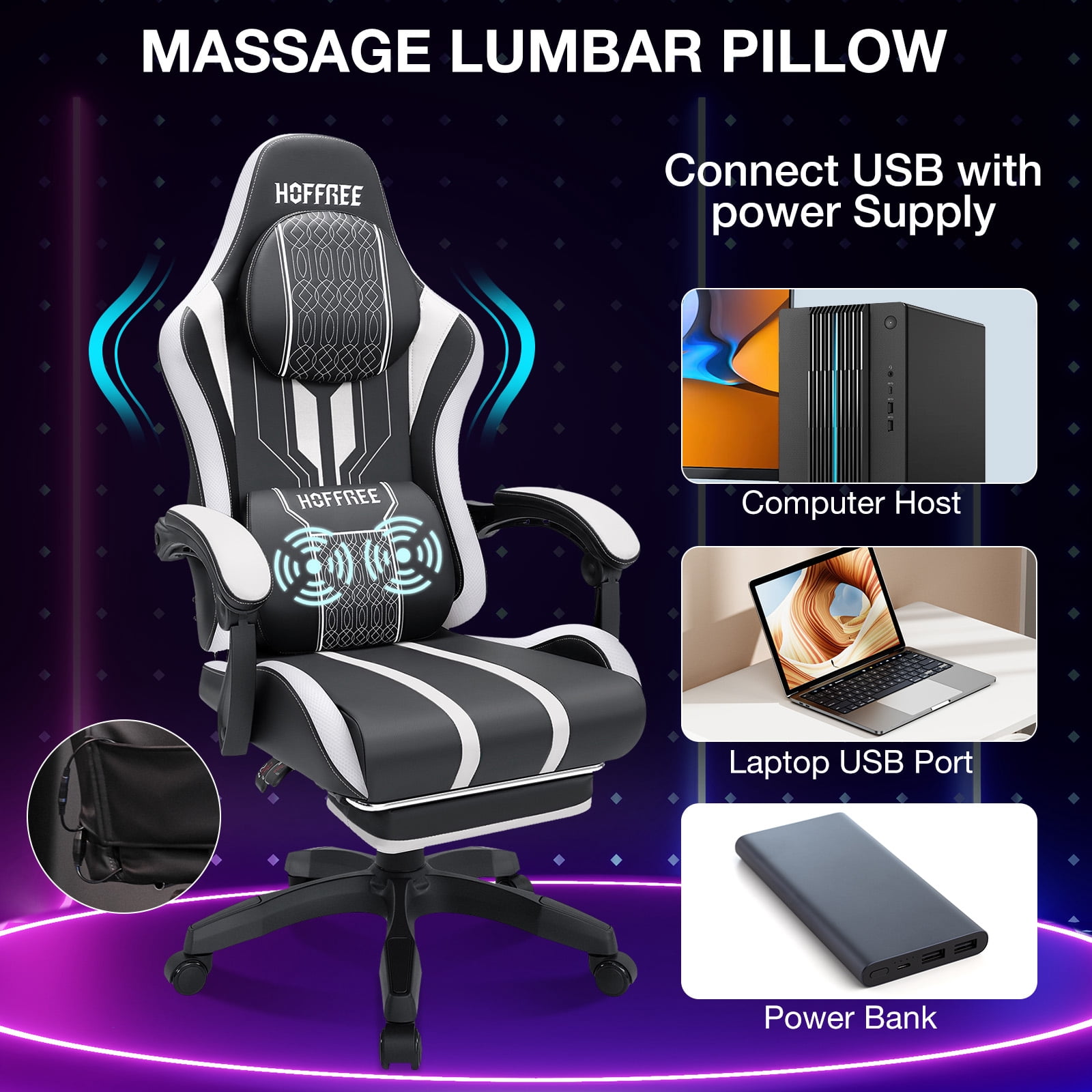 Hoffree Gaming Chair with Speakers Big and Tall Office Chair with Footrest Heavy Duty Gamer Chair with Lumbar Support Height Adjustable 360-Swivel Seat and Headrest for Adults, 400lbs