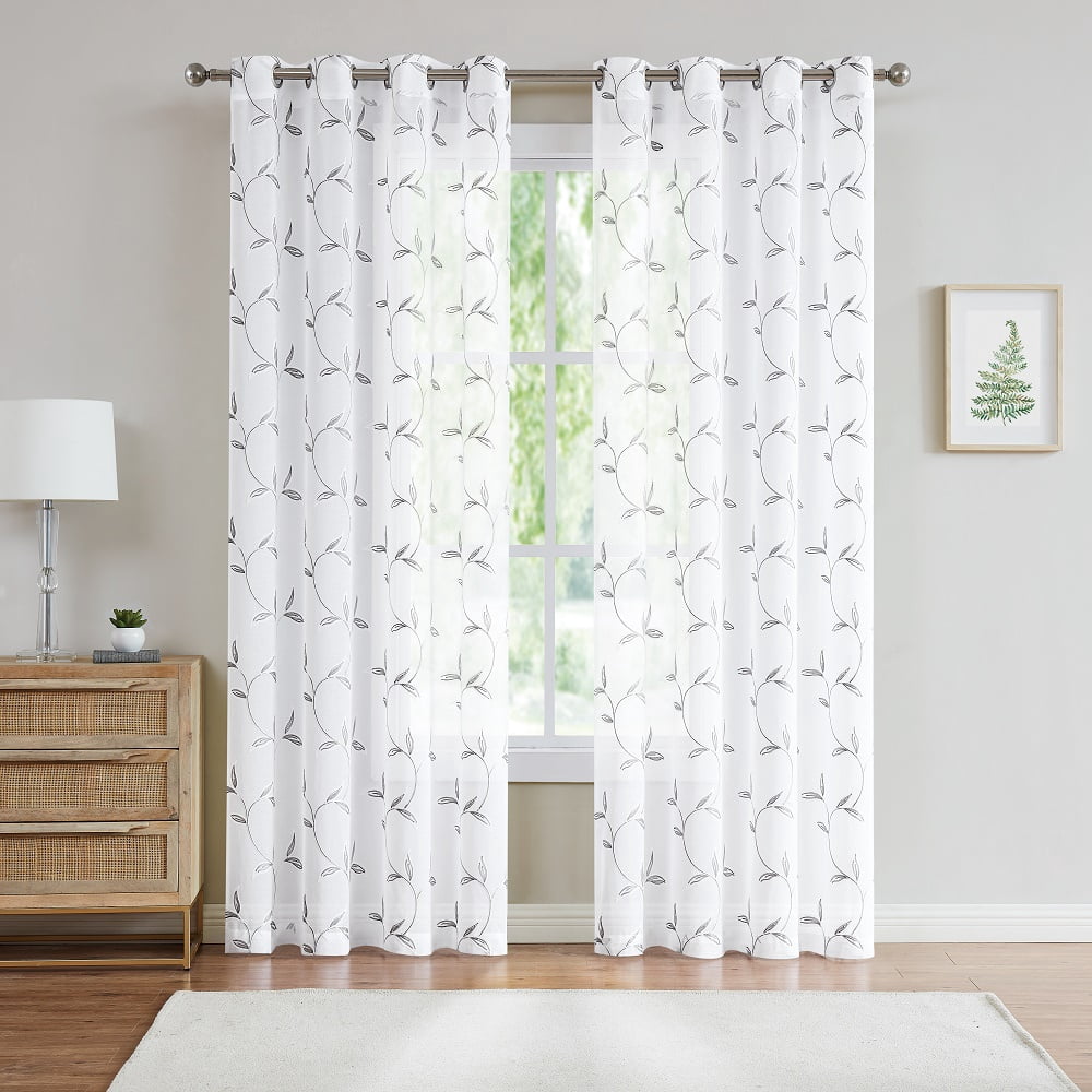 Warm Home Designs Pair of Standard Length 54" x 84" Sheer White Curtains with Silver Grey Leaf Embroidery. M Silver 84