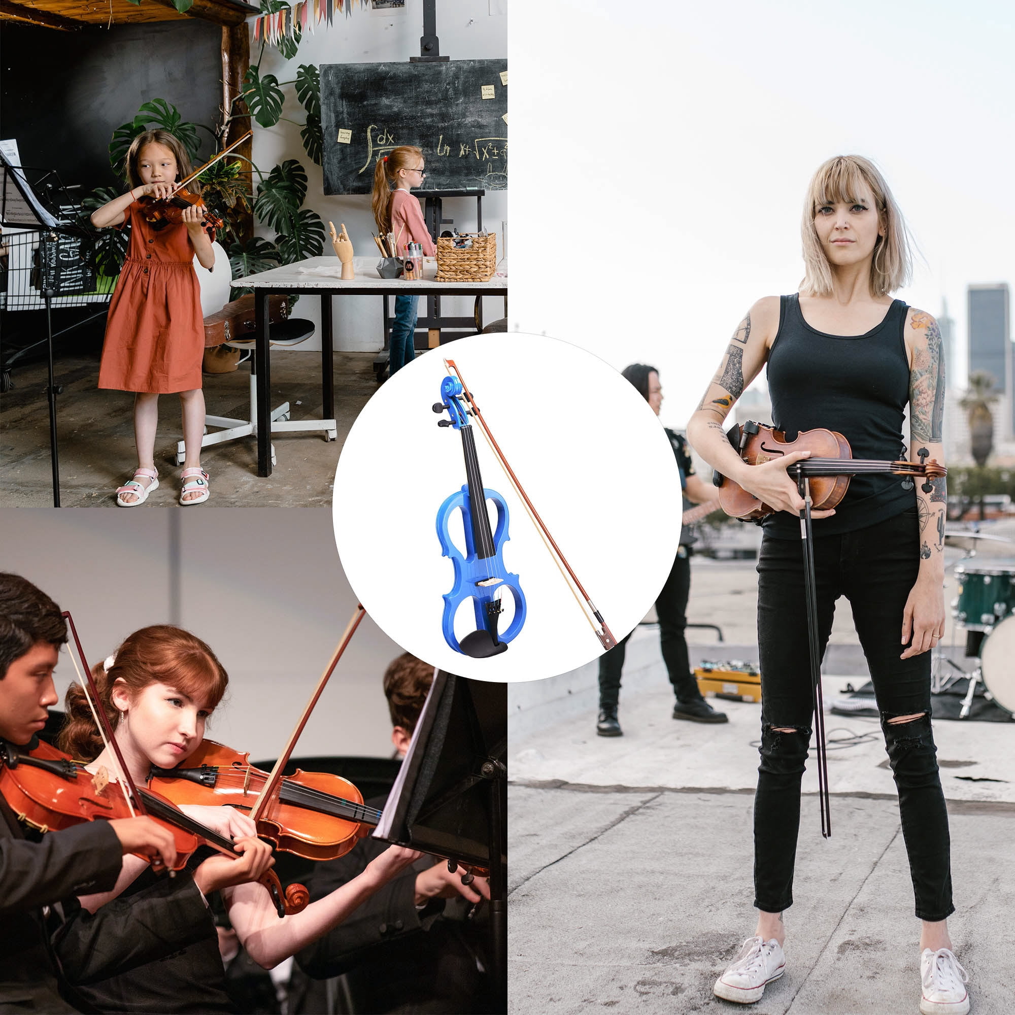 4/4 Electric Violin Full Size Wood Silent Fiddle Stringed Instrument Bow Headphone Case Blue