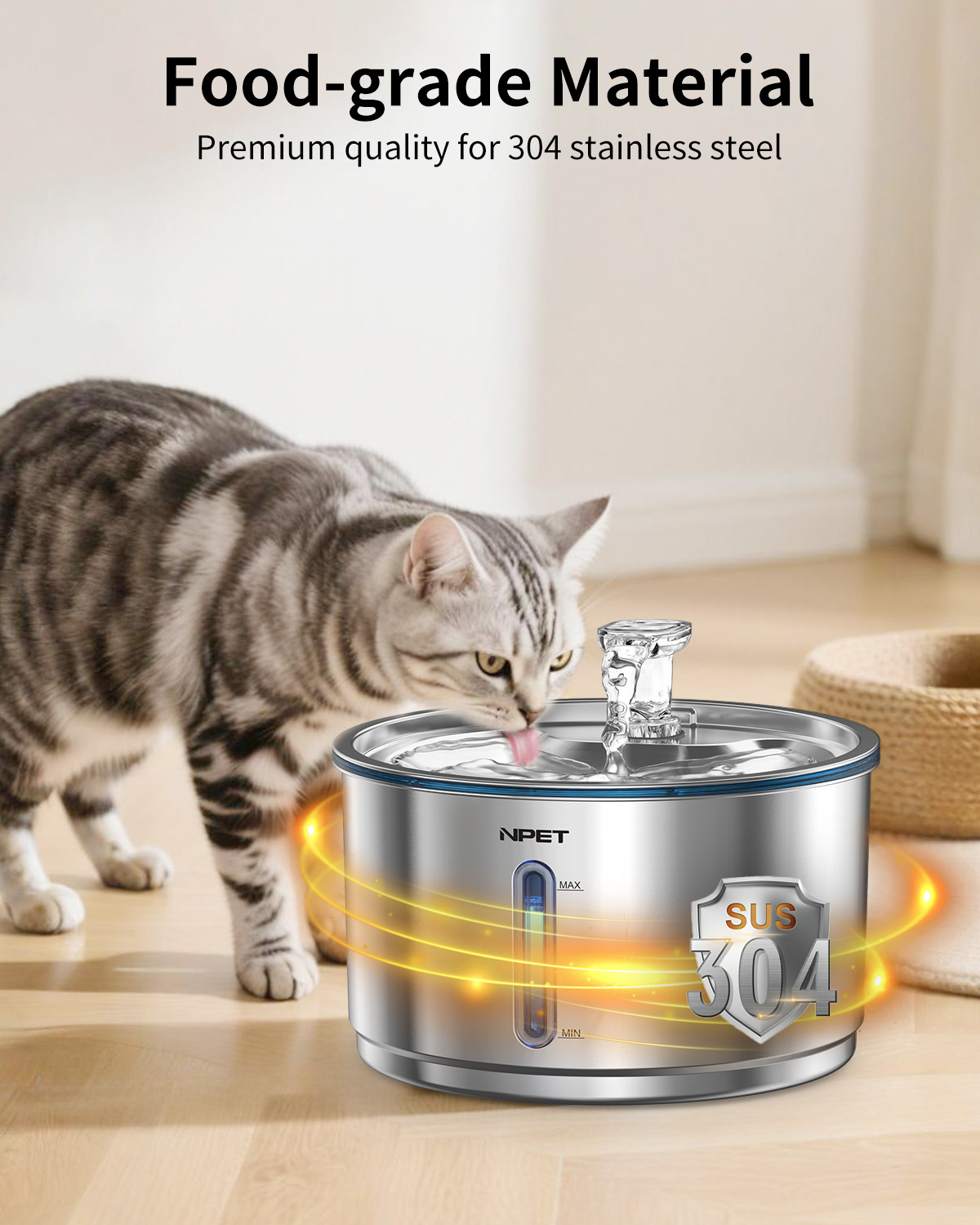 NPET 1 Gallon Stainless Steel Pet Water Fountain Quiet Filtered Cat Drinking Water Dispenser For Cats, Dogs