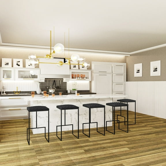 LeisureMod Quincy Quilted Stitched Leather Bar Stools - Stylish, Durable Seating with Black Metal Frame for Kitchen, Home Bar, and Dining Room - Charcoal Black Set of 2