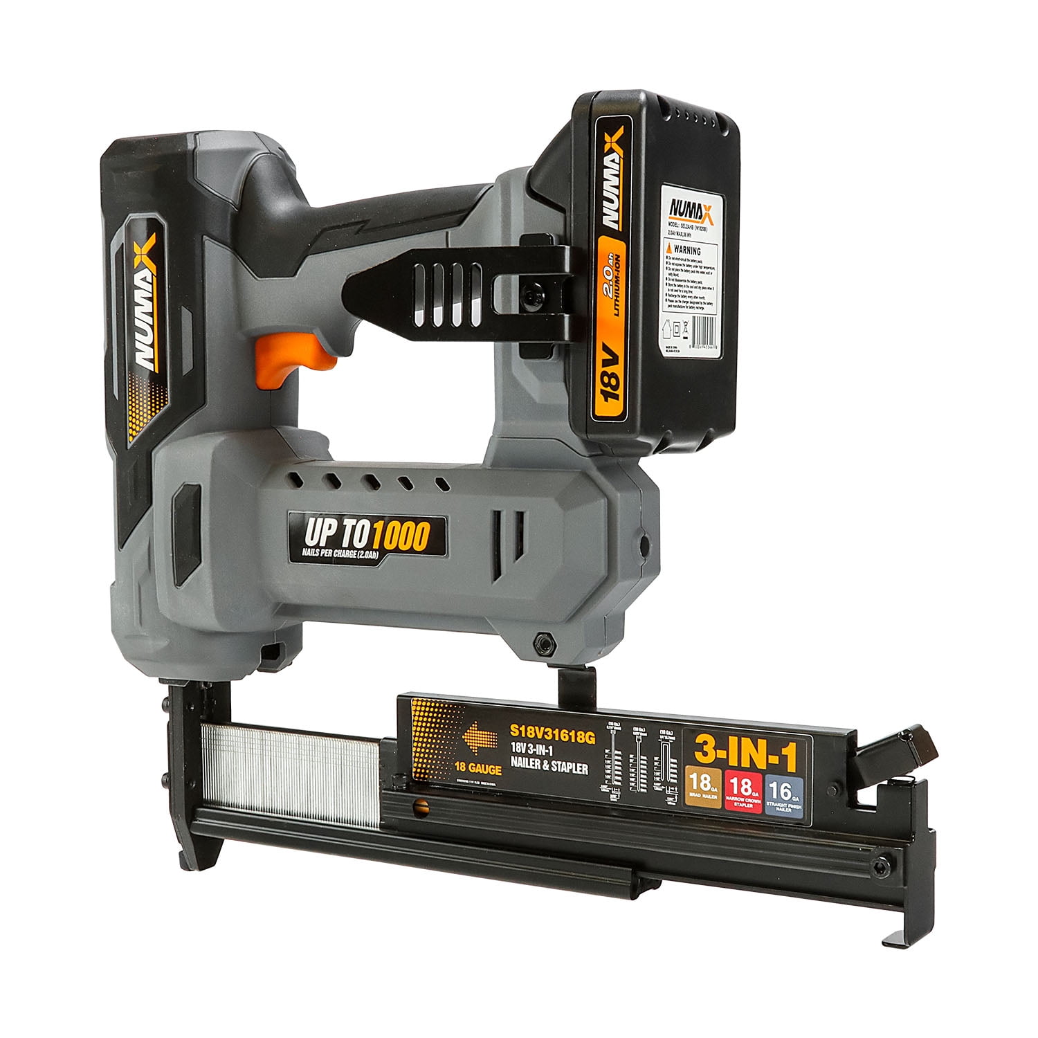 NuMax S18V31618G 18 Volt Cordless 3-in-1 16 and 18 Gauge 2" Finish Nailer / Stapler Kit with Lithium Ion Battery, Charger and Fasteners – 1000 Shots per Charge