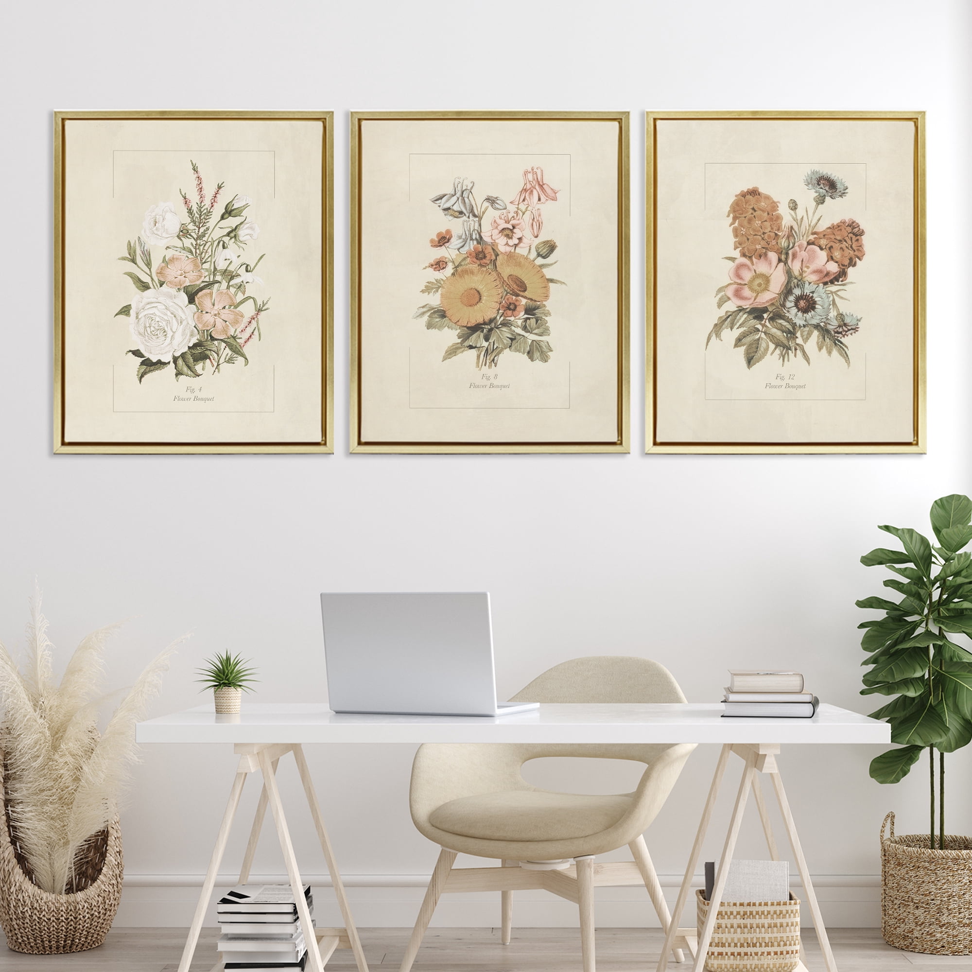 Stupell Industries Neutral Bouquet Studies 3 Piece Gold Framed Floater Canvas Set, design by Dan Meneely