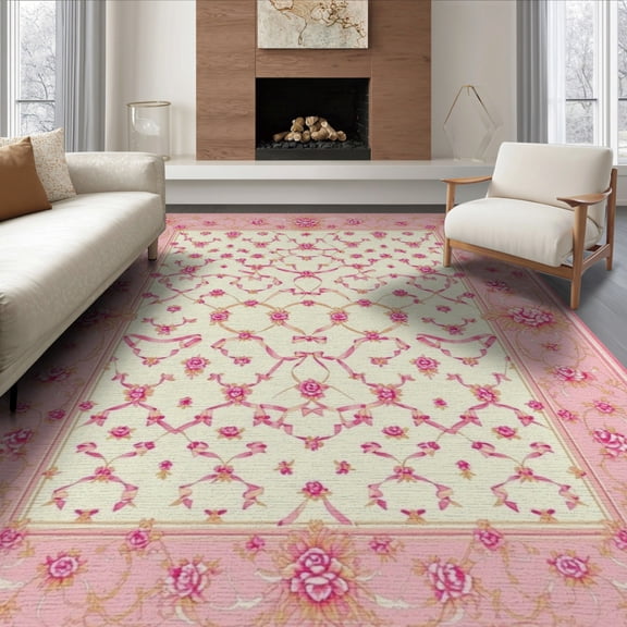 ODIKA 8'x10' Washable Area Rug Pink Coquette Ribbon Lattice Vintage Border Motif Round for King Size Bedroom Under Bed, Master Suite, Non-Shedding, Easy Care